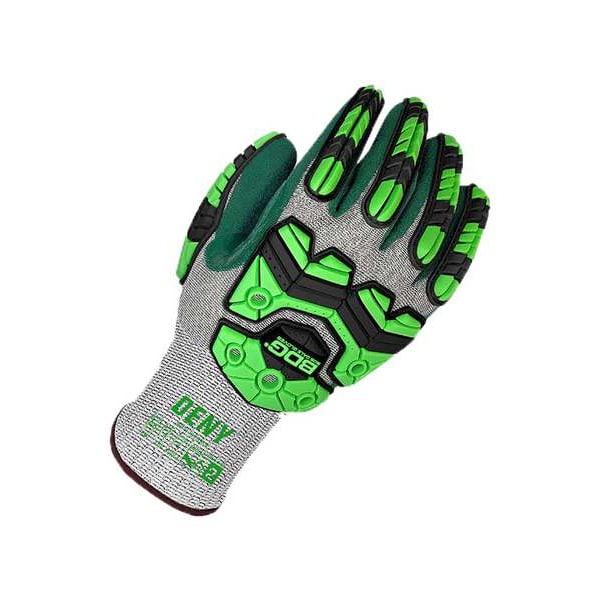 Guantes de tejido Bdg, Nivel de corte A6, 13 ga, Gris, Verde, XS - 99-1-9793-6