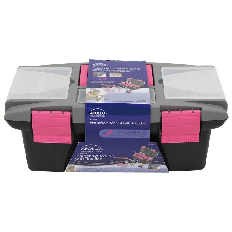 Kit de herramientas para el hogar Apollo de 53 piezas con caja de herramientas en rosa - DT9773P
