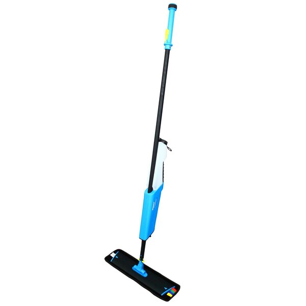 Trapo Mopster 2.0 de Impact Products, microfibra sin cubeta, 16.25x3.25 pulgadas, cabeza azul de microfibra, mango de aluminio negro de 57 pulgadas - T0022-01