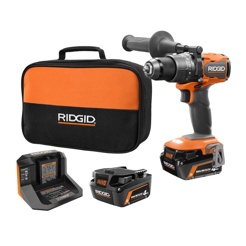 Kit de Taladro/Atornillador Percutor Inalámbrico RIDGID 18V con Motor sin Escobillas de 1/2 pulg. con (2) Baterías de salida MAX de 4.0 Ah, Cargador de 18V y Bolsa de Herramientas - R86115K-AC840040