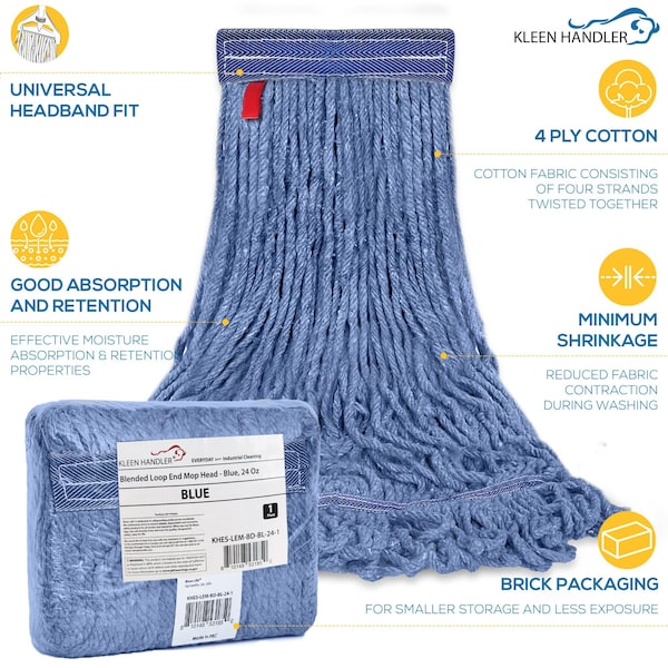 Recambio de trapeador húmedo resistente de 24 onzas Kleen Handler, en azul, para una limpieza comercial y doméstica superior - KHES-LEM-BD-BL-24-1