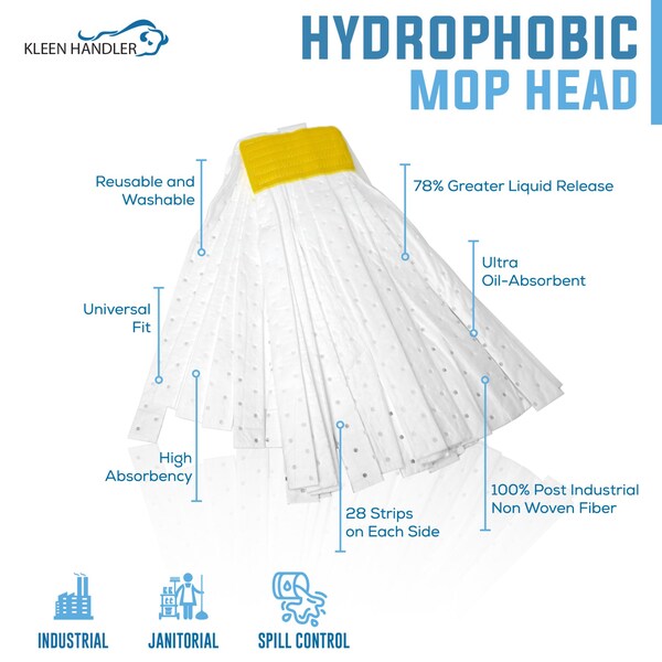 Repuestos de cabezal de trapeador hidrófobo de alta resistencia Kleen Handler, Absorbente de aceite de grado industrial para derrames y limpieza - BLKH-HD-HYDM-W-1