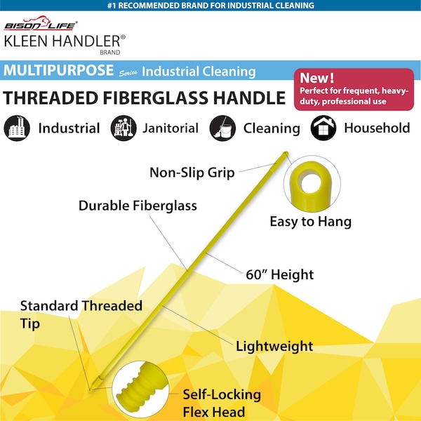 Mangos enroscados de fibra de vidrio Kleen Handler, recambio durable para escoba con rosca estándar para limpieza y barrido - KH-MS-FBBH60-Y