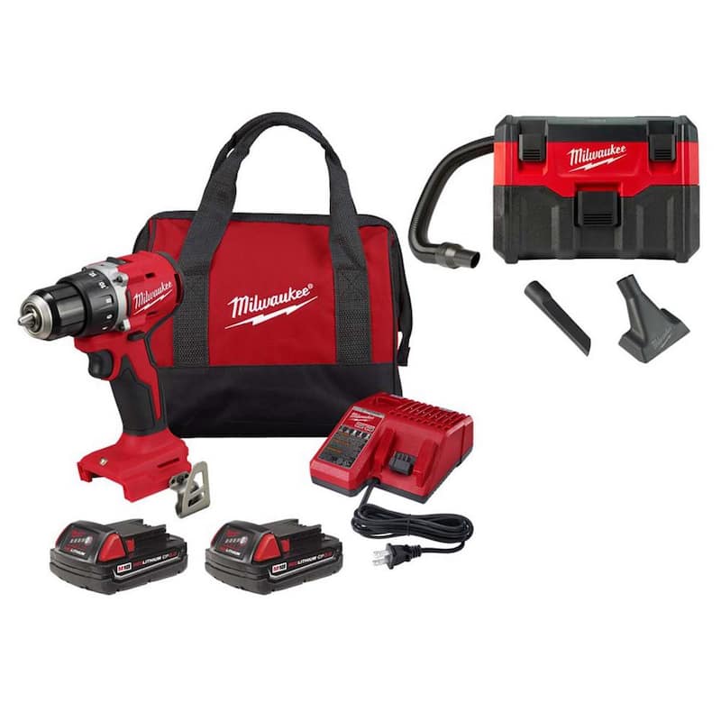 Juego de taladro/destornillador compacto Milwaukee M18 de 18 voltios de iones de litio sin escobillas con aspiradora húmeda/seca inalámbrica de 2 galones M18 - 3601-22CT-0880-20