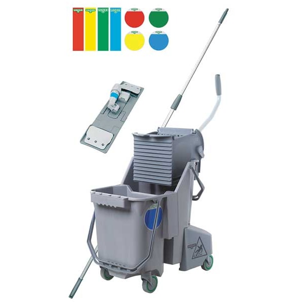 Kit de limpieza de piso Unger SmartColor de 8 galones con cubeta y exprimidor para trapeador de prensa lateral, gris, de polipropileno - SCFPG
