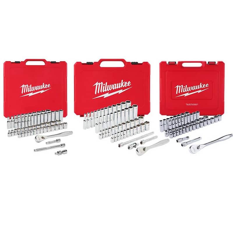Juego de herramientas mecánicas Milwaukee de trinquete y dados de 1/4, 3/8 y 1/2 pulgadas, estándar/métrico (153 piezas) - 48-22-9008-48-22-9010-48-22-9004