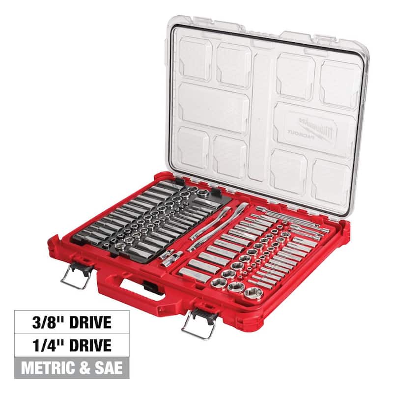 Juego de herramientas mecánicas con trinquete y casquillos Milwaukee de 3/8 y 1/4 in con estuche PACKOUT (106 piezas) - 48-22-9486.