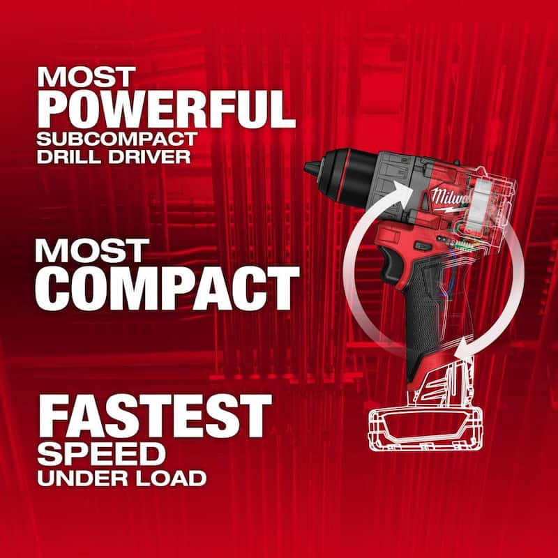 Milwaukee M12 FUEL Taladro Inalámbrico sin Escobillas de Iones de Litio de 12 Voltios (Herramienta Únicamente) con Juego de Puntas de Destornillador SHOCKWAVE (50 Piezas) - 3403-20-48-32-4024