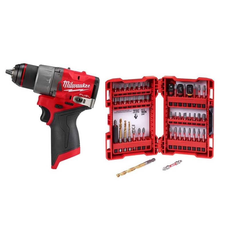 Milwaukee M12 FUEL Taladro Inalámbrico sin Escobillas de Iones de Litio de 12 Voltios (Herramienta Únicamente) con Juego de Puntas de Destornillador SHOCKWAVE (50 Piezas) - 3403-20-48-32-4024