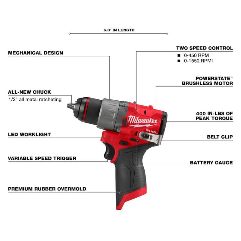Milwaukee M12 FUEL Taladro Inalámbrico sin Escobillas de Iones de Litio de 12 Voltios (Herramienta Únicamente) con Juego de Puntas de Destornillador SHOCKWAVE (50 Piezas) - 3403-20-48-32-4024