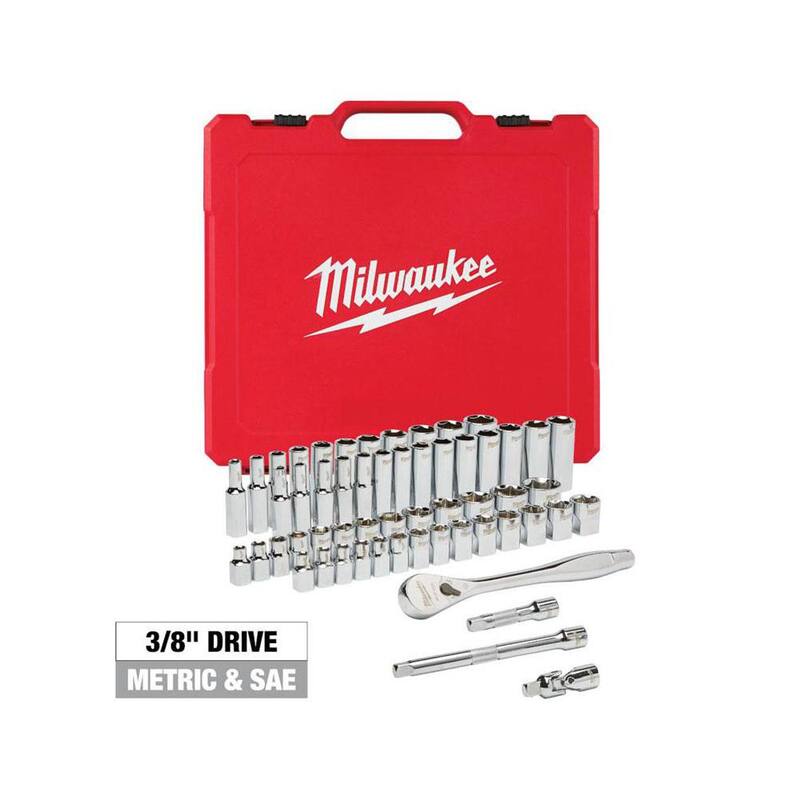 Juego de herramientas mecánicas Milwaukee de trinquete y dados de 3/8 pulgadas SAE/métricos (56 piezas) - 48-22-9008