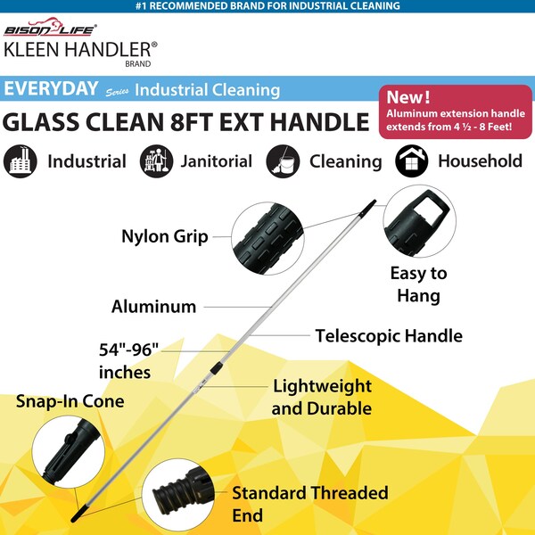 Mango telescópico para limpieza de ventanas Kleen Handler, Mango de trapeador de metal, se extiende de 54 pulgadas a 8 pies - KHES-GCEH-8FT