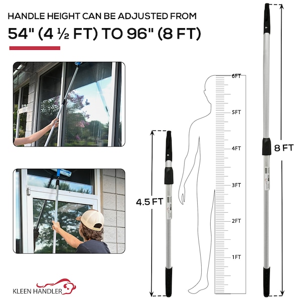 Mango telescópico para limpieza de ventanas Kleen Handler, Mango de trapeador de metal, se extiende de 54 pulgadas a 8 pies - KHES-GCEH-8FT