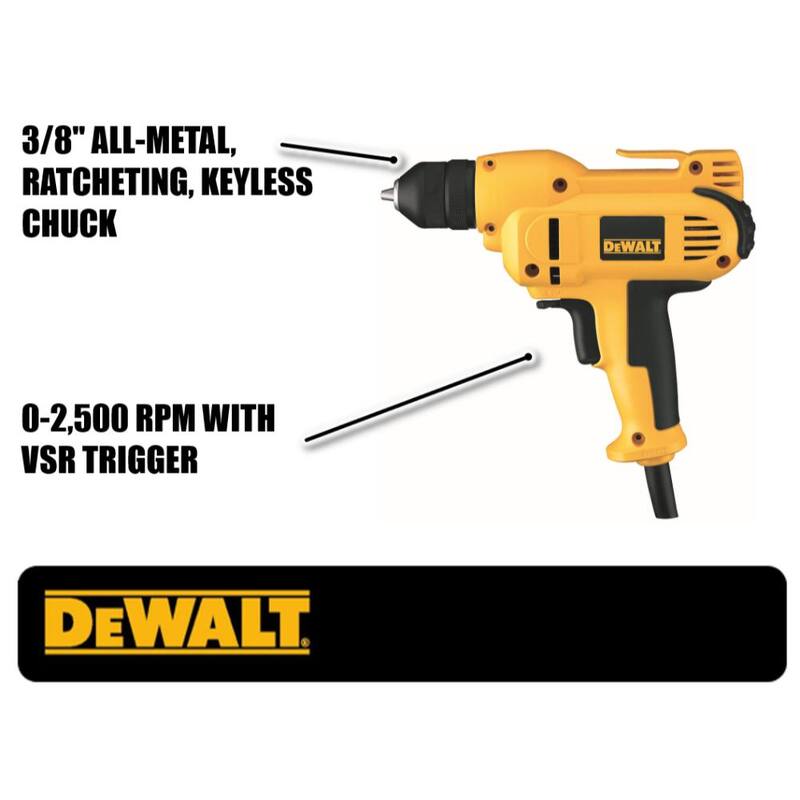 DEWALT Kit de Taladro de 8 Amp 3/8 pulgadas con Velocidad Variable y Reversa en Mango Medio con Portabrocas sin Llave - DWD115K