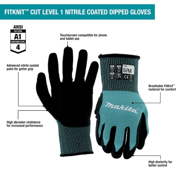 Guantes Makita, Nivel de Corte 1, Nitrilo, Grande/Extra Grande - T-04123
