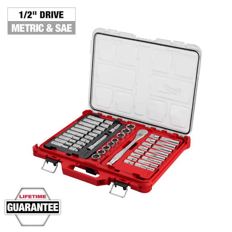 Juego de herramientas para mecánicos con estuche PACKOUT de Milwaukee de 1/2 pulgadas de trinquete y dados de medidas en sistema anglosajón y métrico (47 piezas) - 48-22-9487