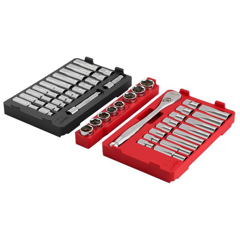 Juego de herramientas para mecánicos con estuche PACKOUT de Milwaukee de 1/2 pulgadas de trinquete y dados de medidas en sistema anglosajón y métrico (47 piezas) - 48-22-9487