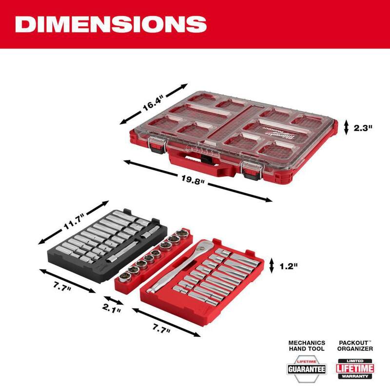 Juego de herramientas para mecánicos con estuche PACKOUT de Milwaukee de 1/2 pulgadas de trinquete y dados de medidas en sistema anglosajón y métrico (47 piezas) - 48-22-9487