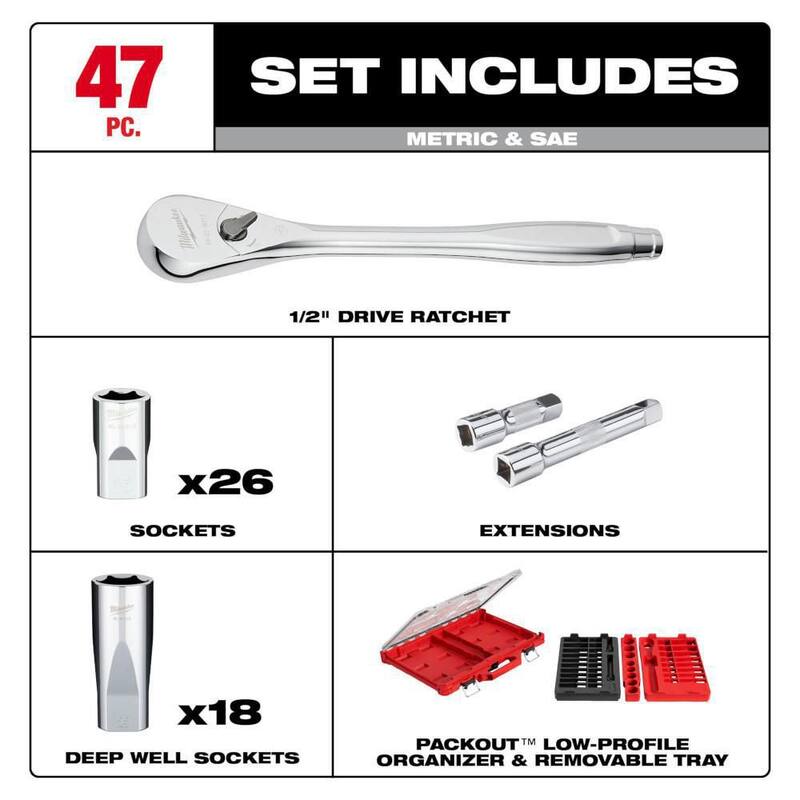 Juego de herramientas para mecánicos con estuche PACKOUT de Milwaukee de 1/2 pulgadas de trinquete y dados de medidas en sistema anglosajón y métrico (47 piezas) - 48-22-9487