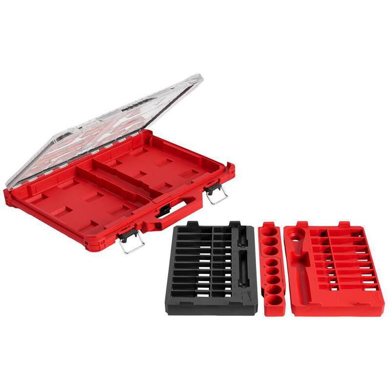 Juego de herramientas para mecánicos con estuche PACKOUT de Milwaukee de 1/2 pulgadas de trinquete y dados de medidas en sistema anglosajón y métrico (47 piezas) - 48-22-9487