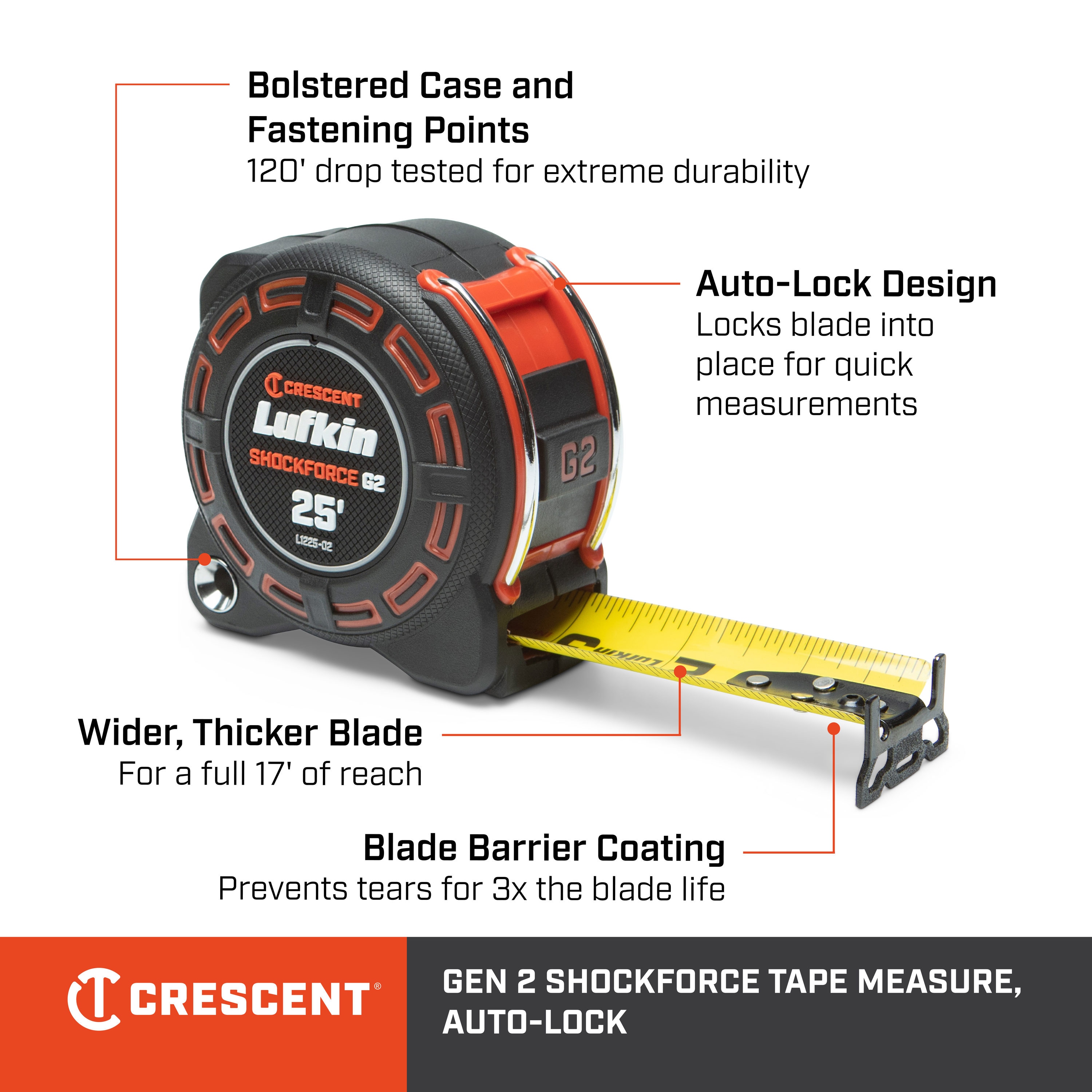 Cinta métrica autotravante Shockforce de 25 pies Crescent Lufkin L1225AL-02