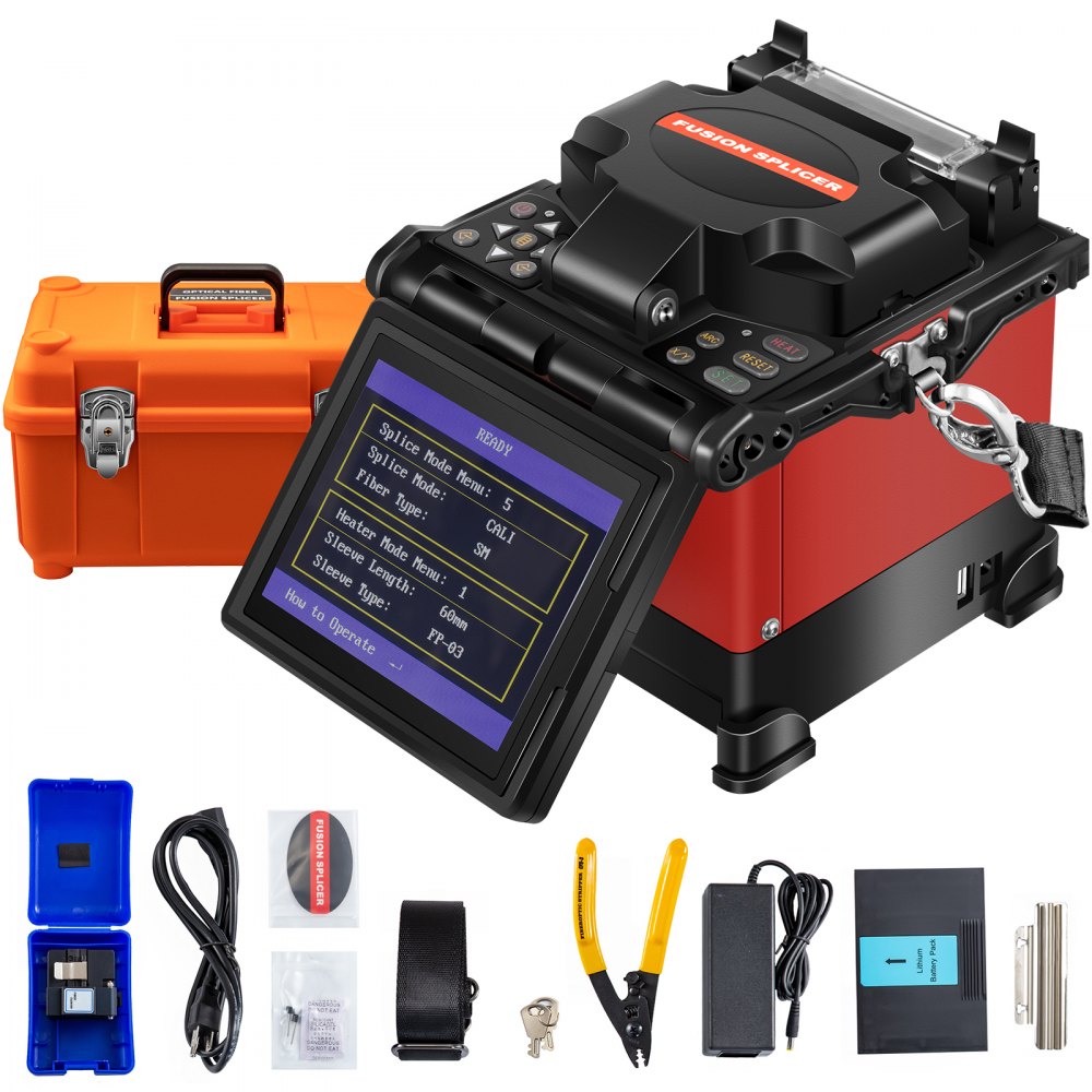 VEVOR Fiber Fusion Splicer, Auto Focus Fiber Optic Fusion Splicer, Fusion Splicer Machine Fiber Cleaver Kit with 5" Digital LCD Screen, 3 in 1 Optical Fiber Holder, 5200mAh High-Capacity Battery - JW4108SGQJPJ00001V1