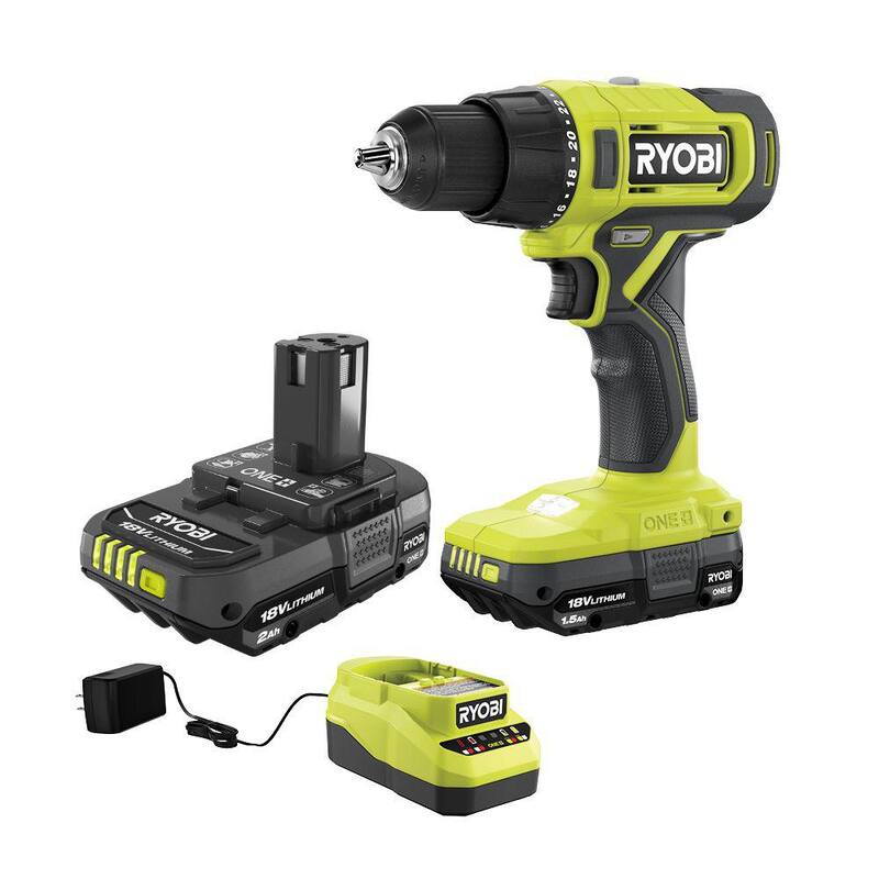 RYOBI ONE+ 18V Taladro/destornillador inalámbrico de 1/2 pulgadas con kit de batería de 1.5 Ah, cargador y batería de iones de litio ONE+ 18V de 2.0 Ah - PCL206K1-PBP006