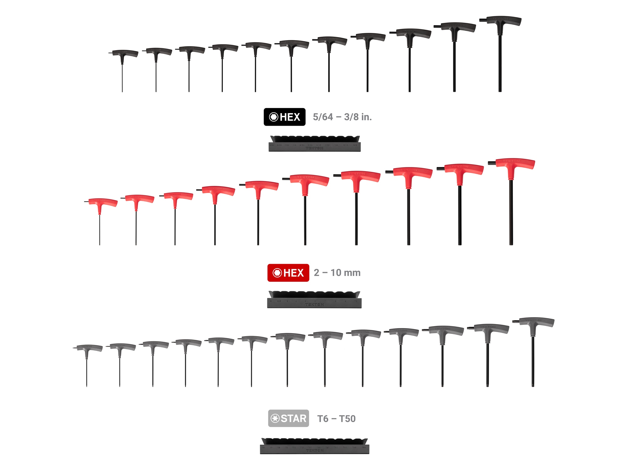 Set de 34 llaves hexagonales/Torx TEKTON surtidas de mango en T estándar (SAE) y métrico KEY92002