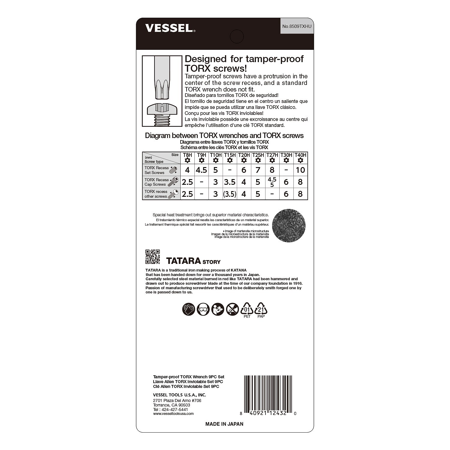 Juego de llaves hexagonales VESSEL T8 Torx (estrella) de extremo esférico, 9 piezas, modelo 8509TXHU