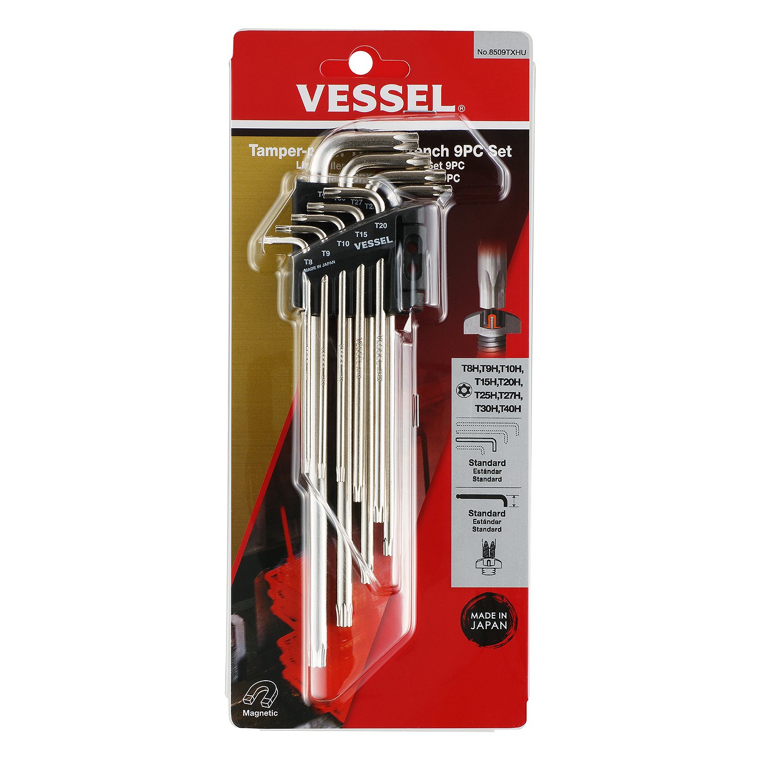 Juego de llaves hexagonales VESSEL T8 Torx (estrella) de extremo esférico, 9 piezas, modelo 8509TXHU