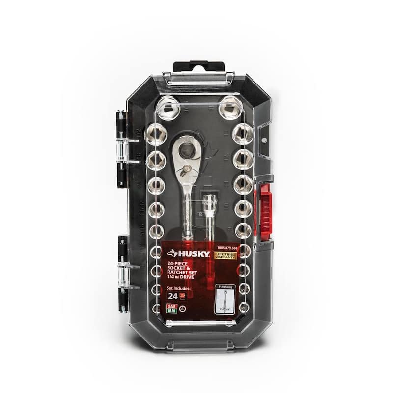 Juego de dados estándar Husky de 1/4 de pulgada (24 piezas) con trinquete de unidad SAE/métrico - H4D24PCSWS