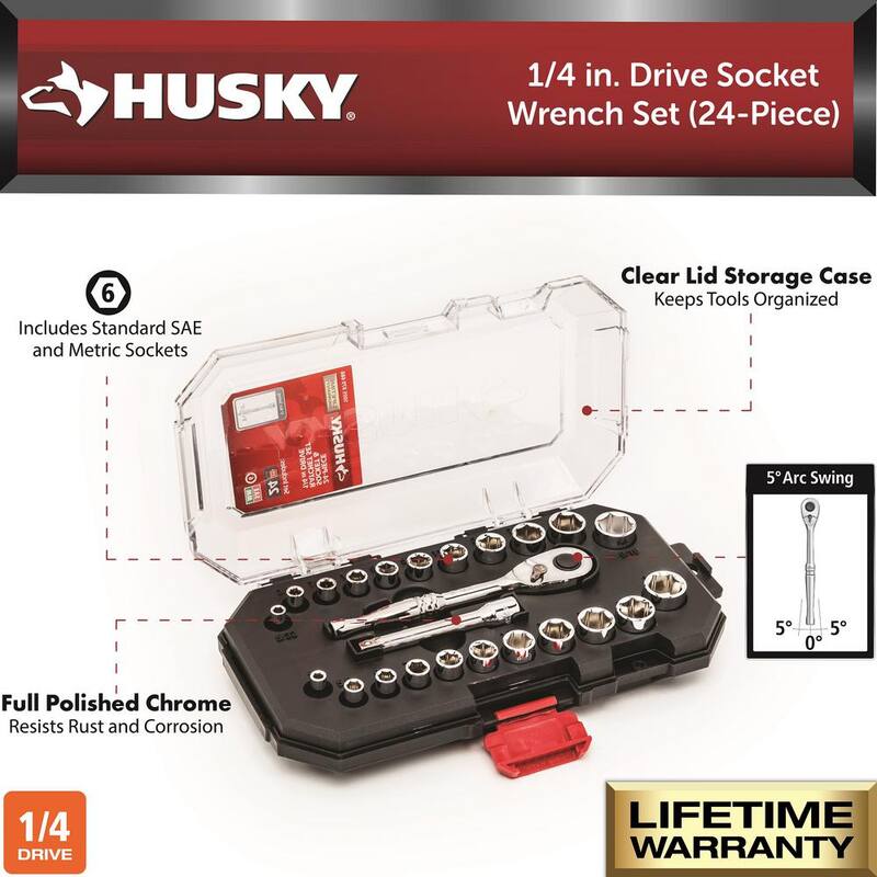 Juego de dados estándar Husky de 1/4 de pulgada (24 piezas) con trinquete de unidad SAE/métrico - H4D24PCSWS