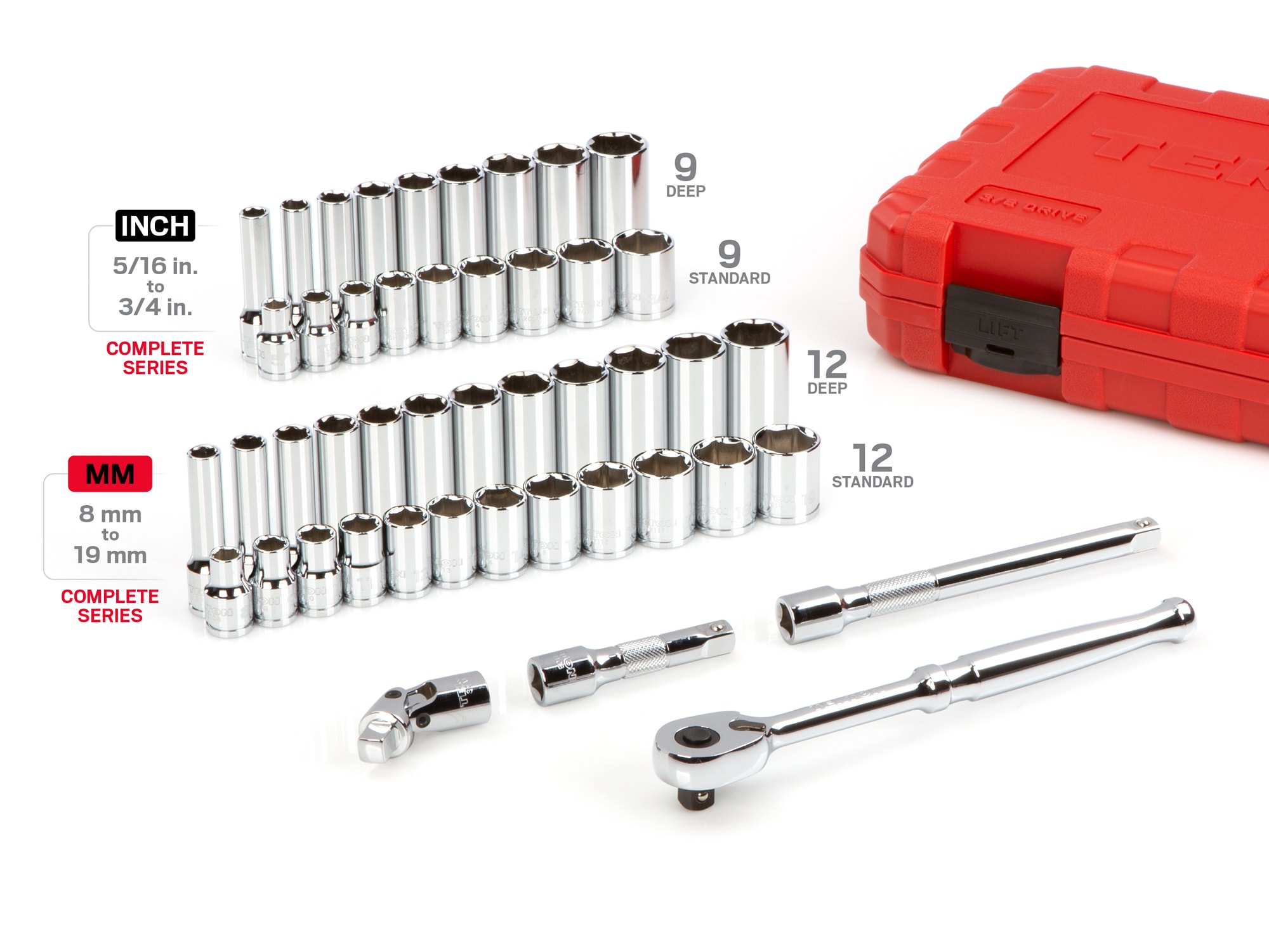 Juego de dados TEKTON de 3/8 pulgadas, estándar (SAE) y métricos, de 47 piezas, de 1/4 a 7/8 pulgadas y de 6 a 19 mm - Modelo SKT15301
