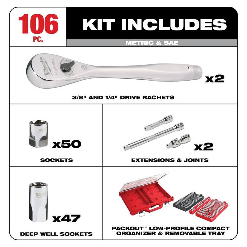 Juego de llaves de trinquete SAE/métricas Milwaukee 3/8 in. & 1/4 in. con estuche de puntas y juego de llaves de impacto métricas de 1/2 in. con estuches PACKOUT (137 piezas) - 48-22-9486-49-66-6806.