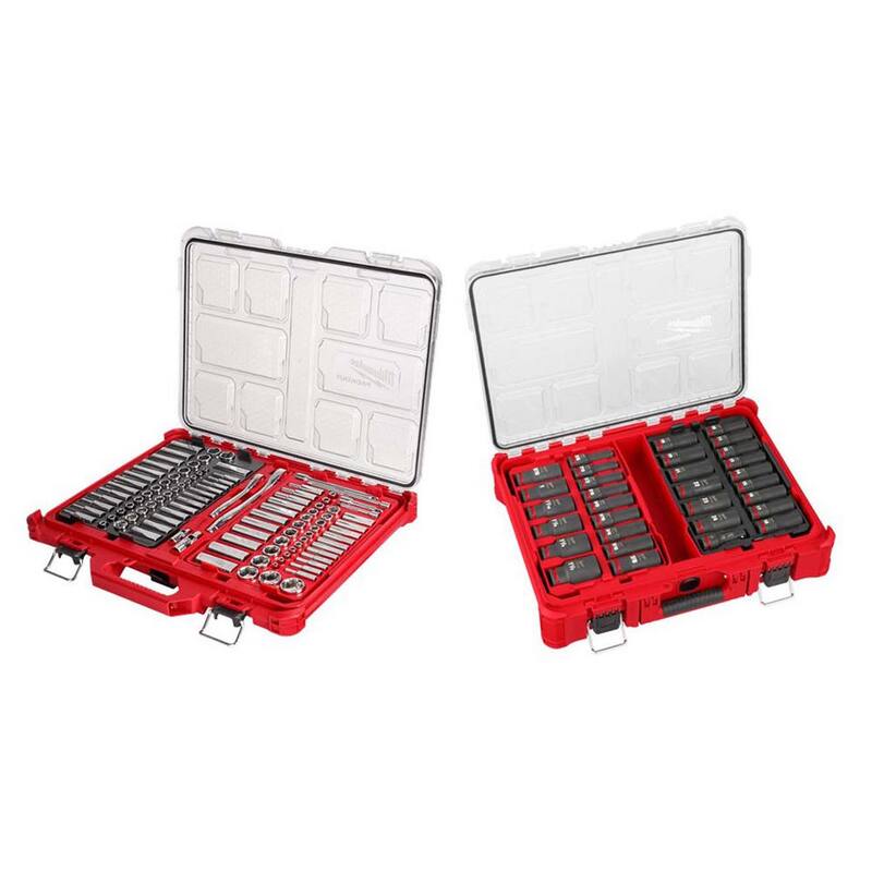Juego de llaves de trinquete SAE/métricas Milwaukee 3/8 in. & 1/4 in. con estuche de puntas y juego de llaves de impacto métricas de 1/2 in. con estuches PACKOUT (137 piezas) - 48-22-9486-49-66-6806.