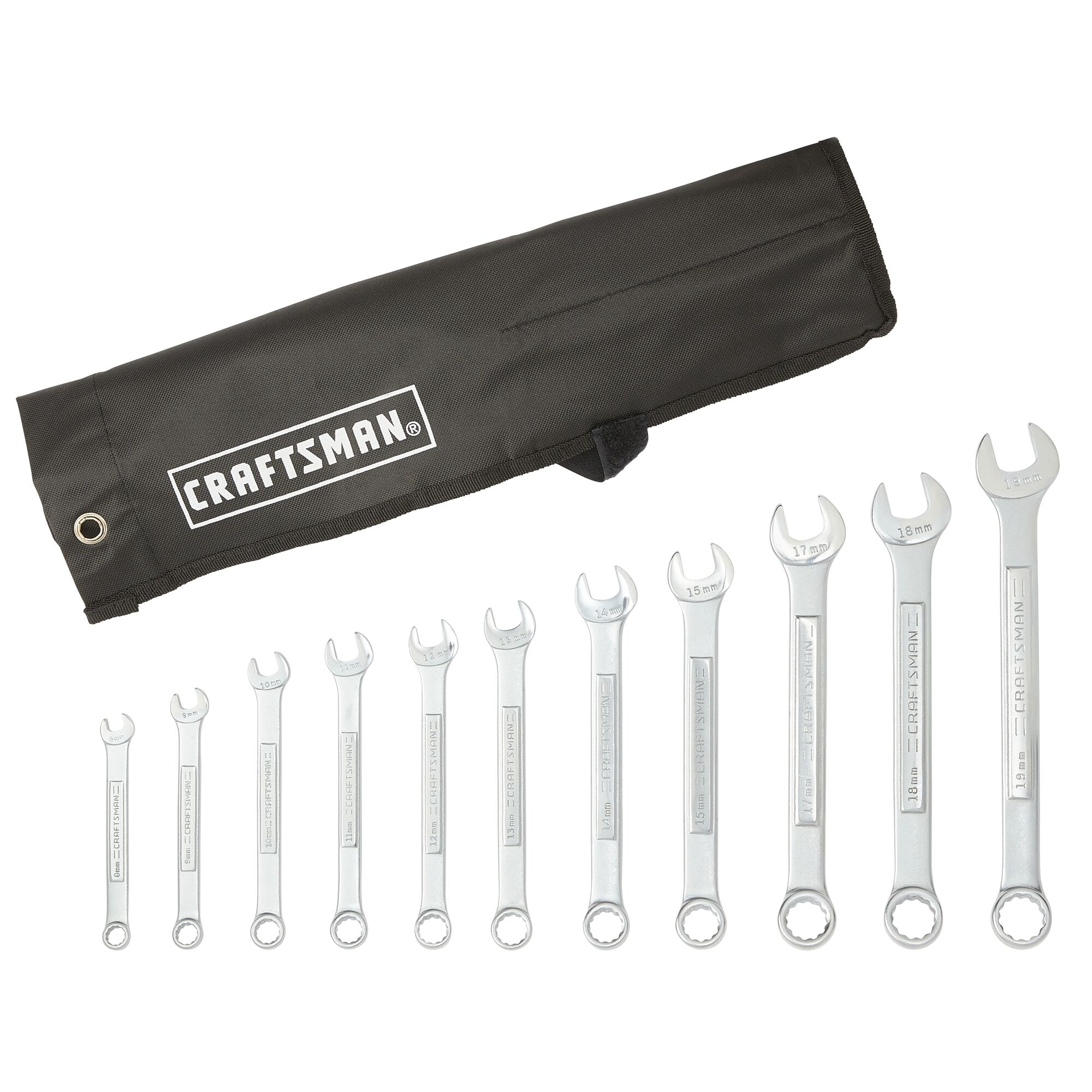 Juego de 11 piezas de llaves combinadas estándar y métricas de 12 puntos CRAFTSMAN, incluye estuche suave CMMT10947