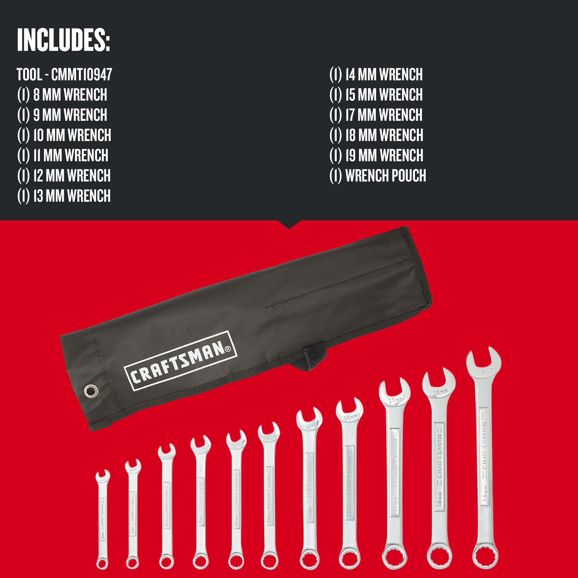 Juego de 11 piezas de llaves combinadas estándar y métricas de 12 puntos CRAFTSMAN, incluye estuche suave CMMT10947