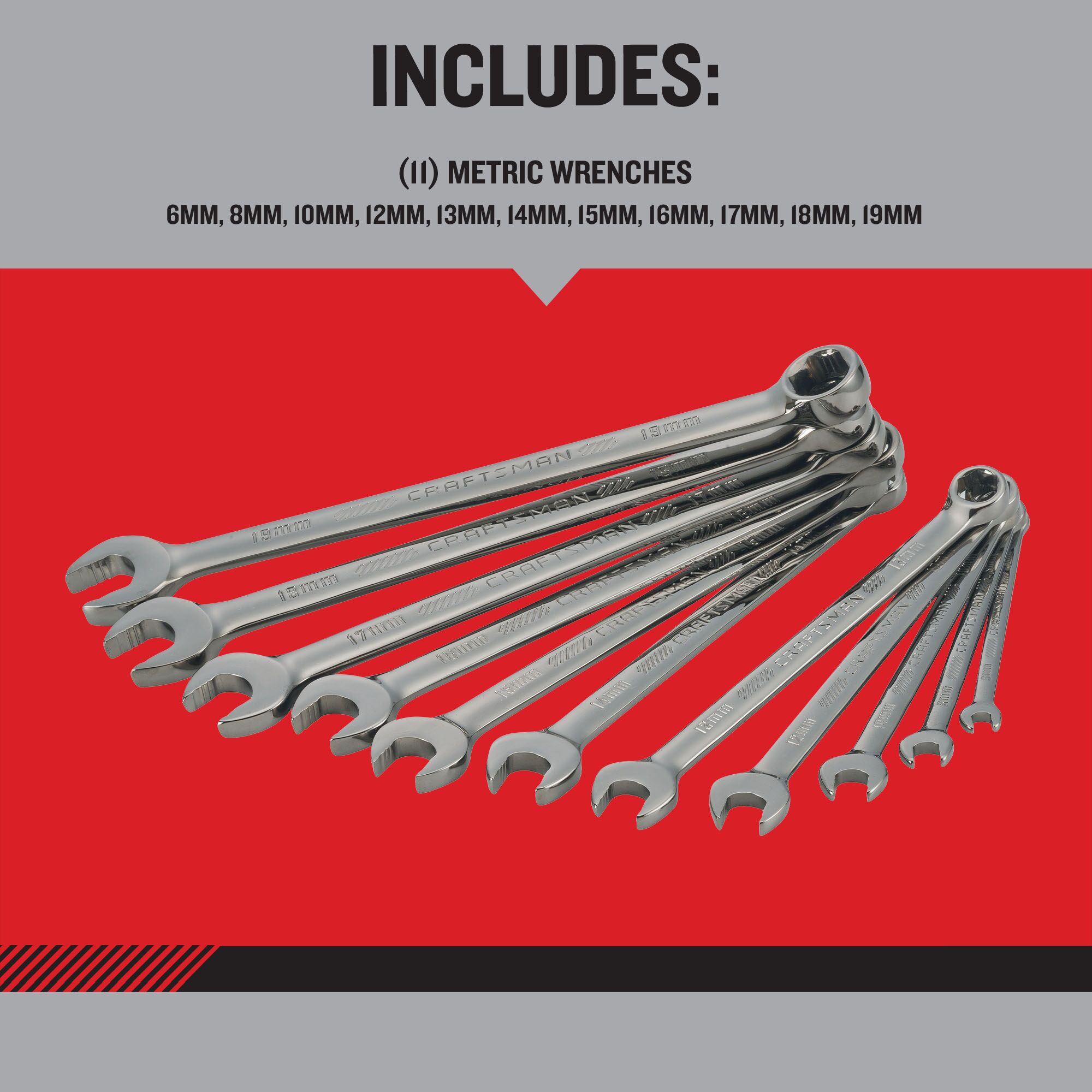 Juego de 11 piezas CRAFTSMAN OVERDRIVE - Llaves combinadas métricas estándar de 6 puntos con estuche resistente CMMT87811