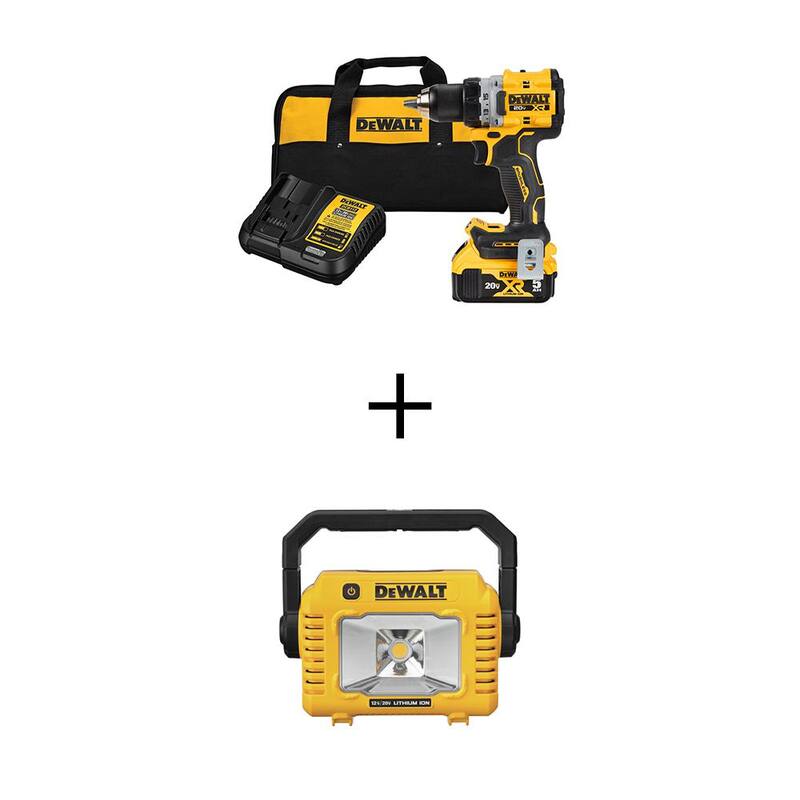 DEWALT 20V MAX XR Juego de taladro/atornillador compacto inalámbrico de iones de litio de 1/2 pulgadas y luz de trabajo con batería de iones de litio de 20V MAX 5.0Ah y cargador - DCD800P1WCL077B