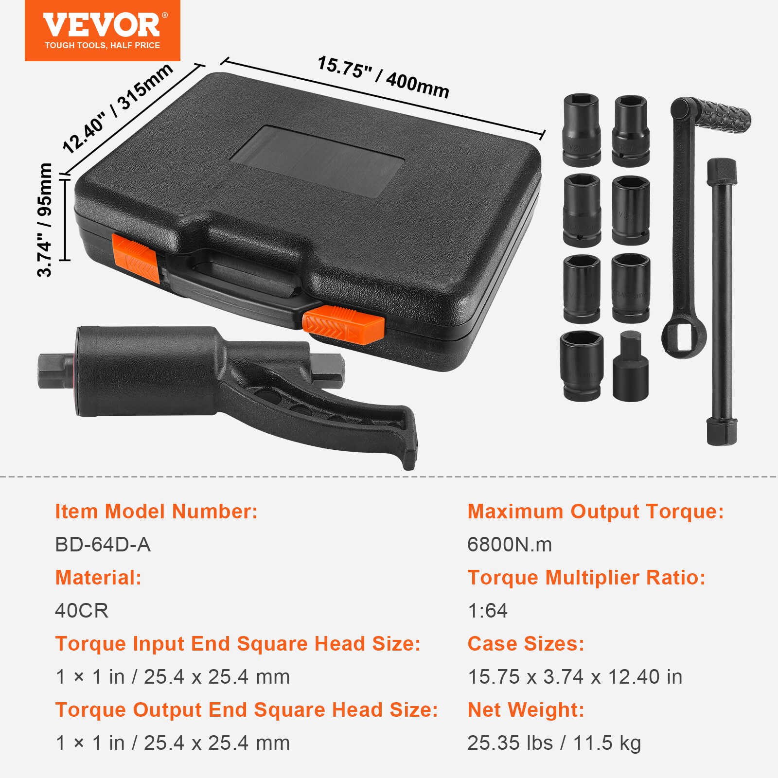 Llave de torque multiplicador de 1 pulgada VEVOR (5015 pies/libras)