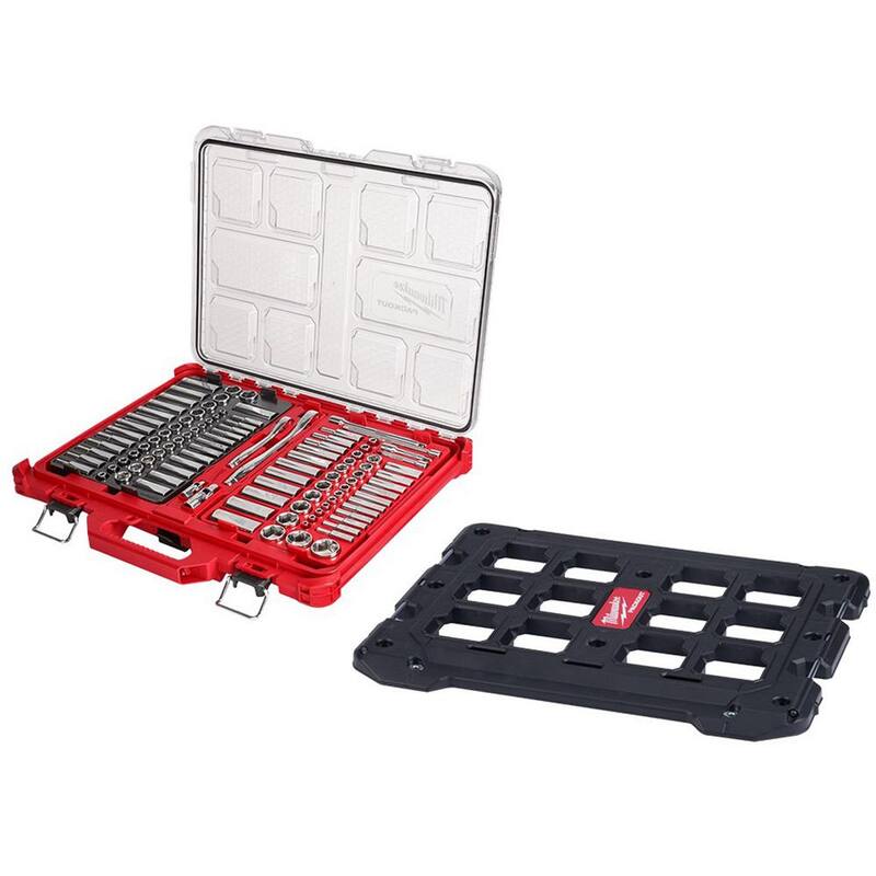 Estuche de herramientas mecánicas Milwaukee de 106 piezas para mecánicos con mango y llave de trinquete SAE/Métrico de 3/8 y 1/4 de pulgada con estuche PACKOUT y Placa de Montaje - 48-22-9486-48-22-8485
