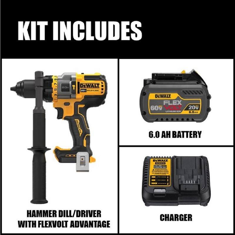 Martillo taladro/destornillador inalámbrico sin escobillas DEWALT 20V MAX de 1/2 pulgadas con ventaja FLEXVOLT y (1) kit de batería FLEXVOLT 6.0Ah - DCD999BW606C