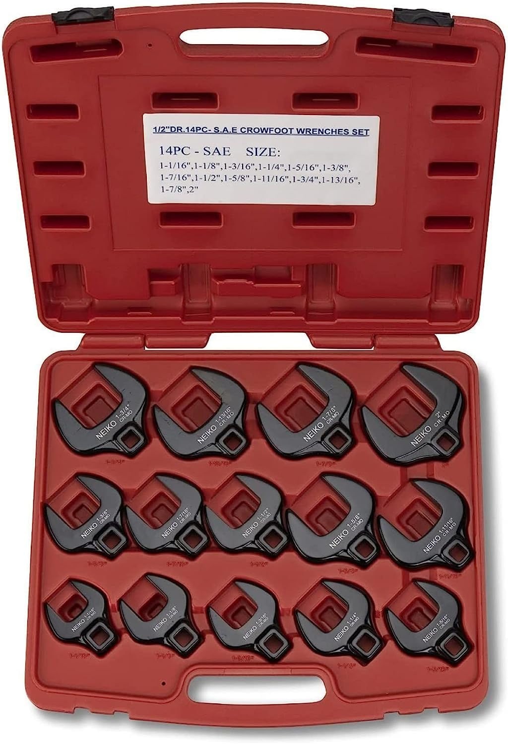 Juego de 14 piezas NEIKO estándar (SAE) Llave de boca jumbo crowfoot abierta Incluye estuche rígido 03325A