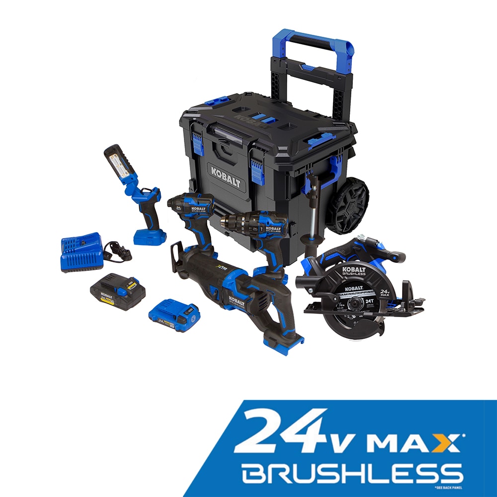Kit de combo de herramientas eléctricas sin escobillas Kobalt de 24 voltios y 5 herramientas con maletín resistente (2 baterías incluidas y cargador incluido) KXLC 5124A-03