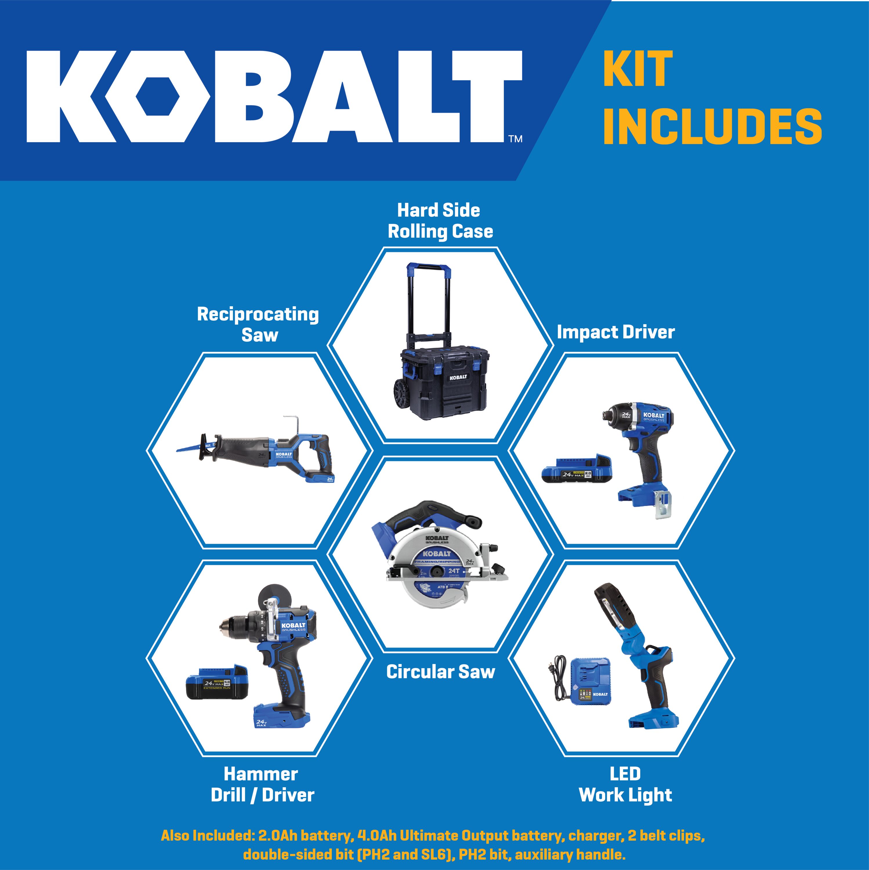 Kit de combo de herramientas eléctricas sin escobillas Kobalt de 24 voltios y 5 herramientas con maletín resistente (2 baterías incluidas y cargador incluido) KXLC 5124A-03