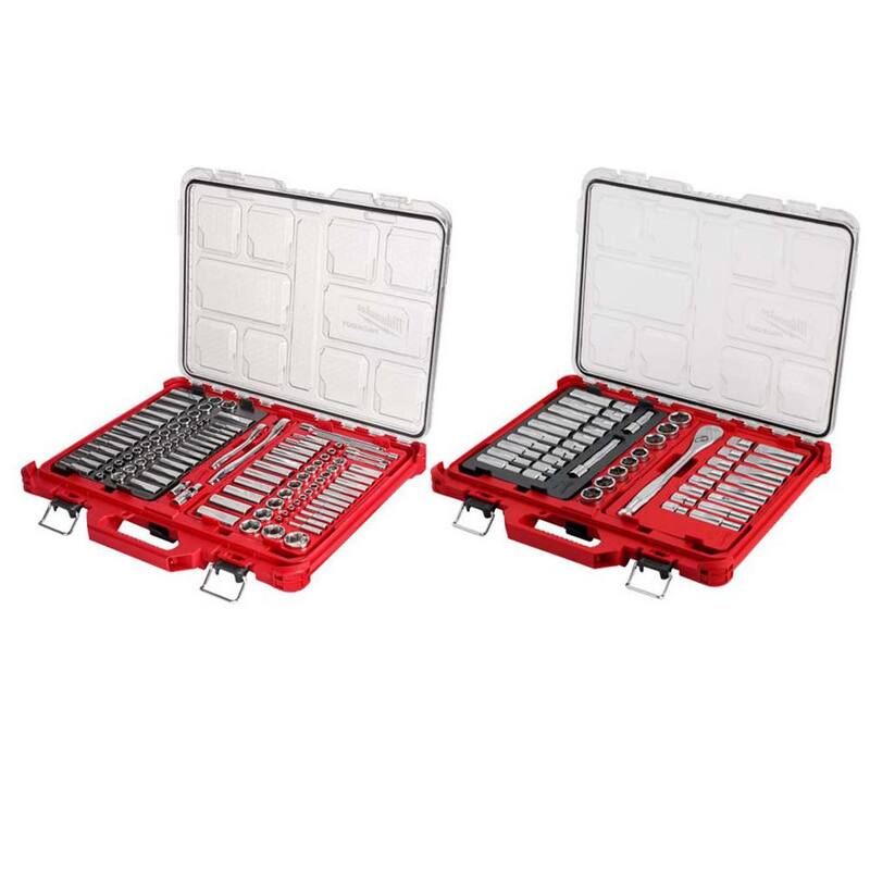 Estuche de herramientas mecánicas Milwaukee de 153 piezas con trinquete y dados de 3/8, 1/4 y 1/2 pulgadas SAE/Métrico con estuche Packout - 48-22-9486-48-22-9487