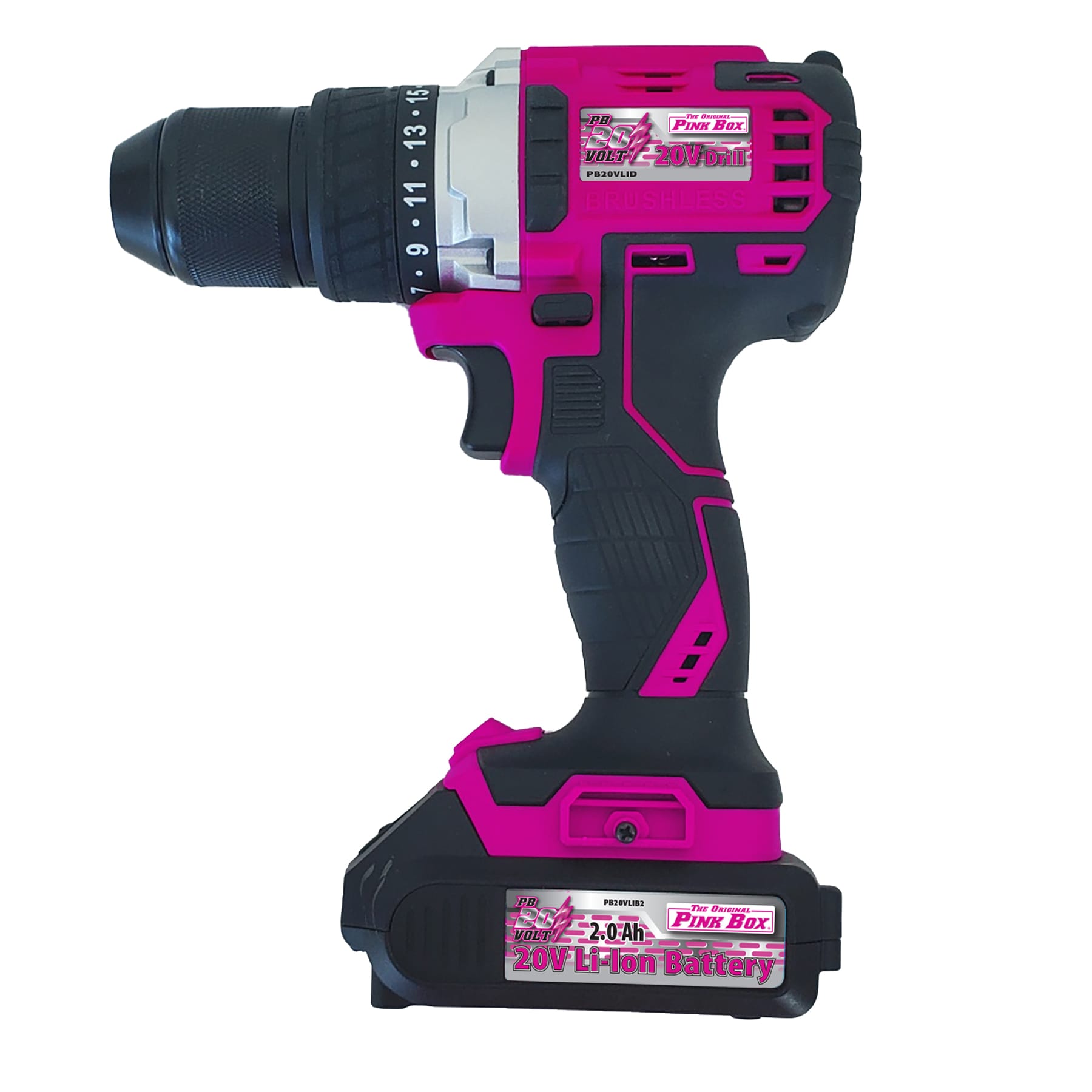  Taladro inalámbrico sin escobillas The Original Pink Box de 20 voltios y 1/2 pulgadas con llave PB20VLID-2AH-CHRGR