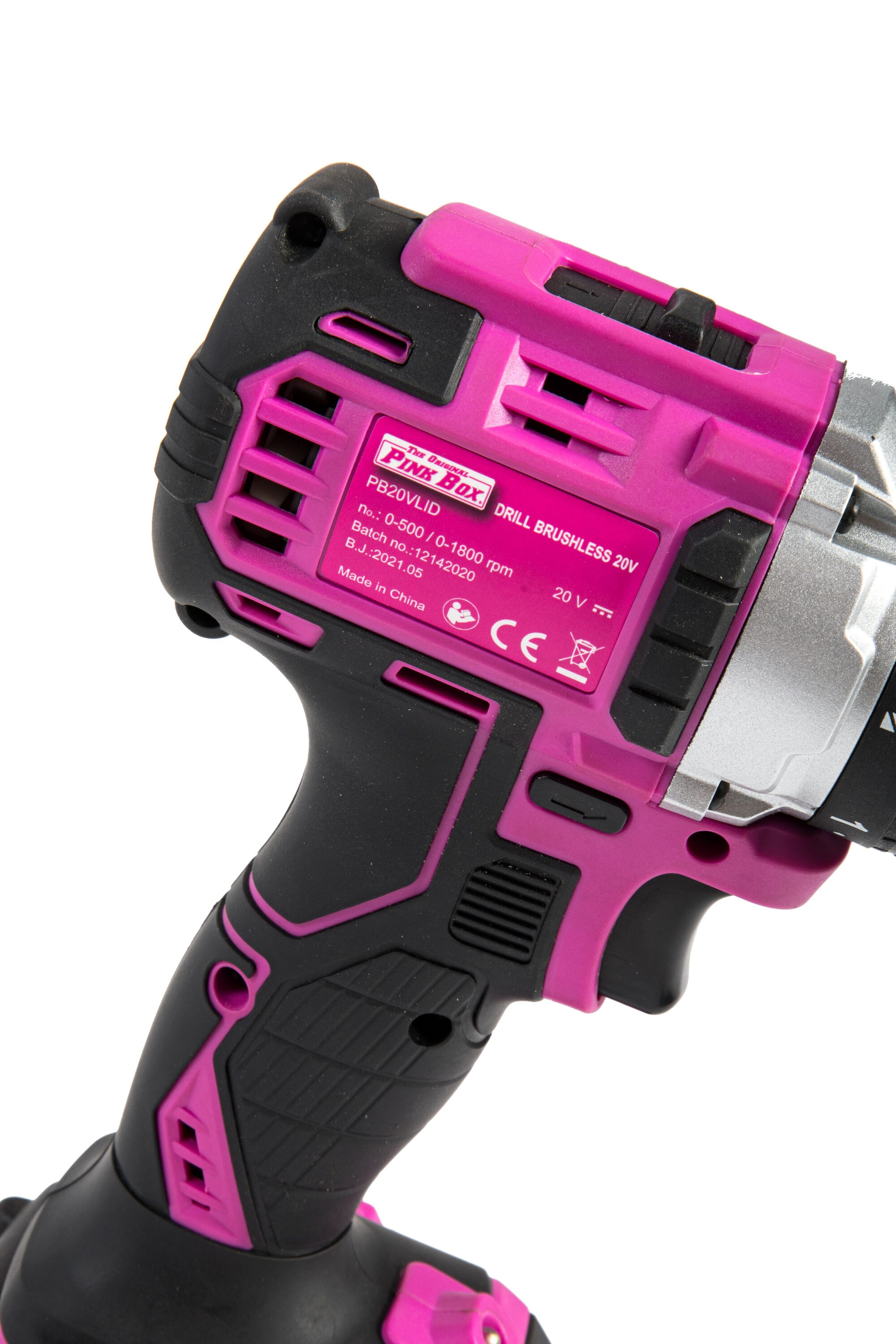  Taladro inalámbrico sin escobillas The Original Pink Box de 20 voltios y 1/2 pulgadas con llave PB20VLID-2AH-CHRGR