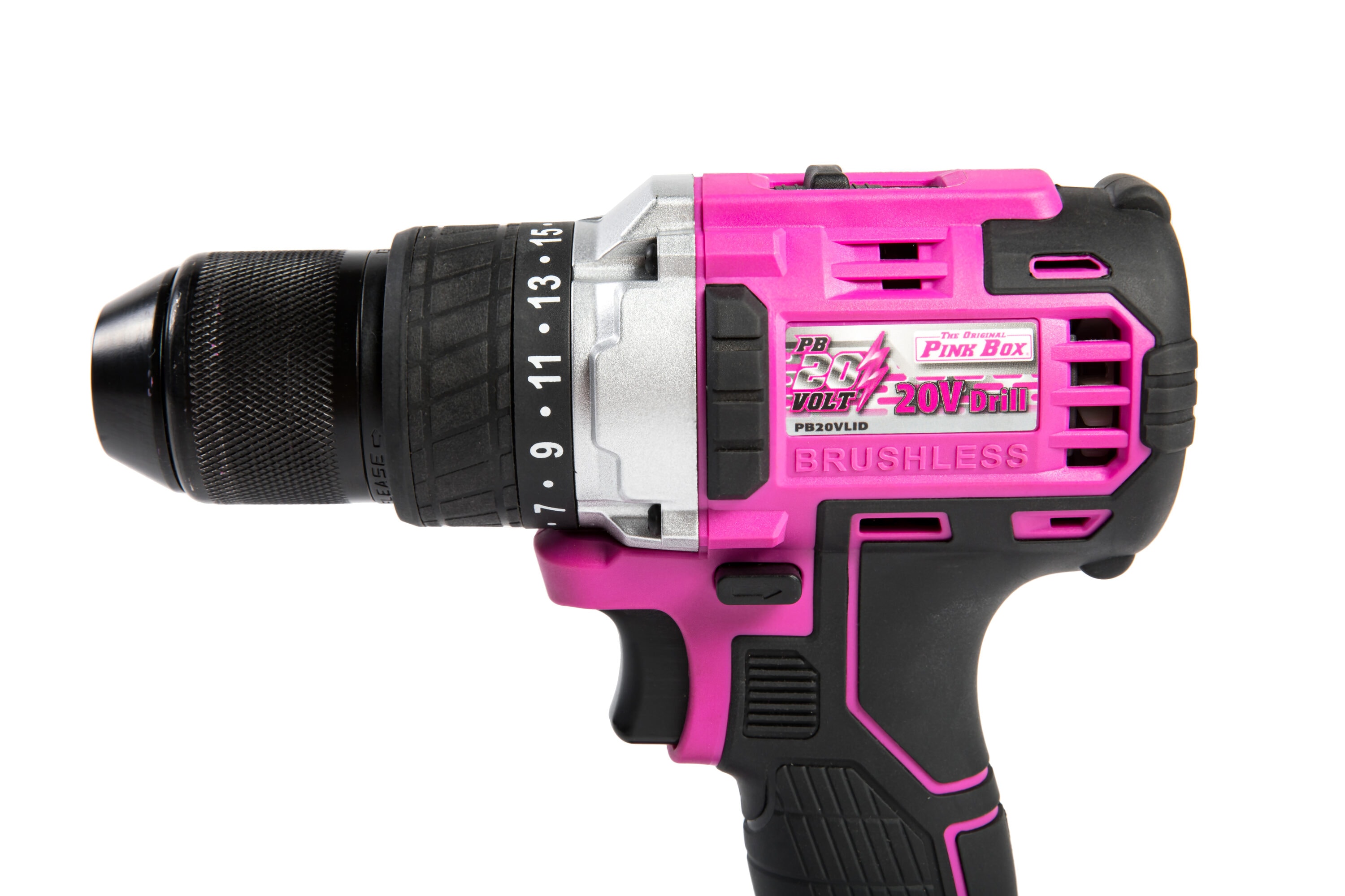 Taladro inalámbrico sin escobillas The Original Pink Box de 20 voltios y 1/2 pulgadas con llave PB20VLID-2AH-CHRGR