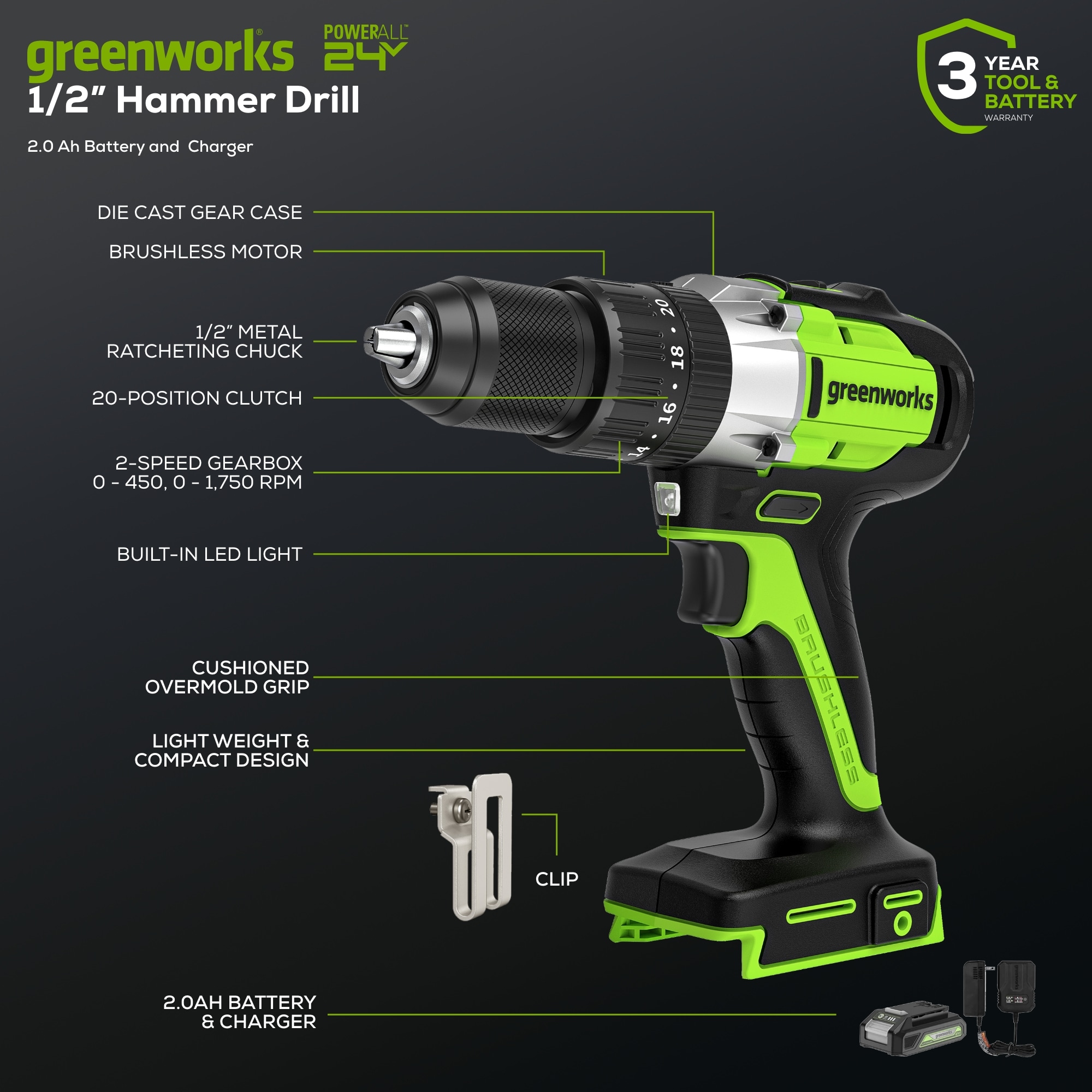 Greenworks 1/2-pulgada 24 voltios Taladro inalámbrico de martillo sin escobillas de velocidad variable - 1 Batería 3706602